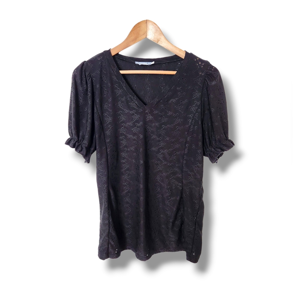 Eyelet V-Neck Short Sleeve Slip-Over Blouse | Large